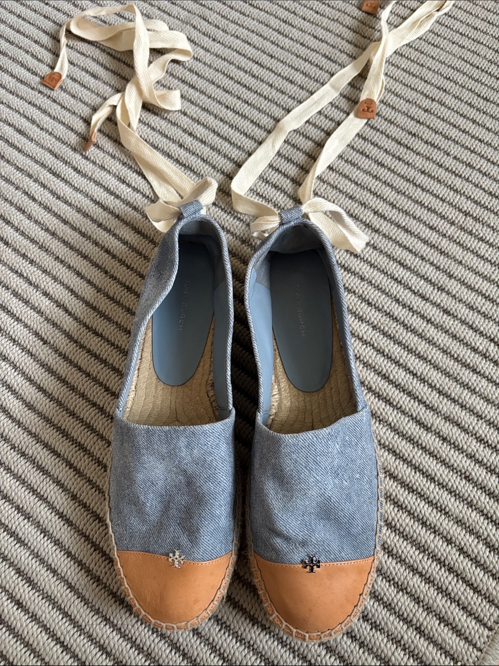 Tory Burch Blue Canvas Espadrilles with Tan Leather Cap Toe